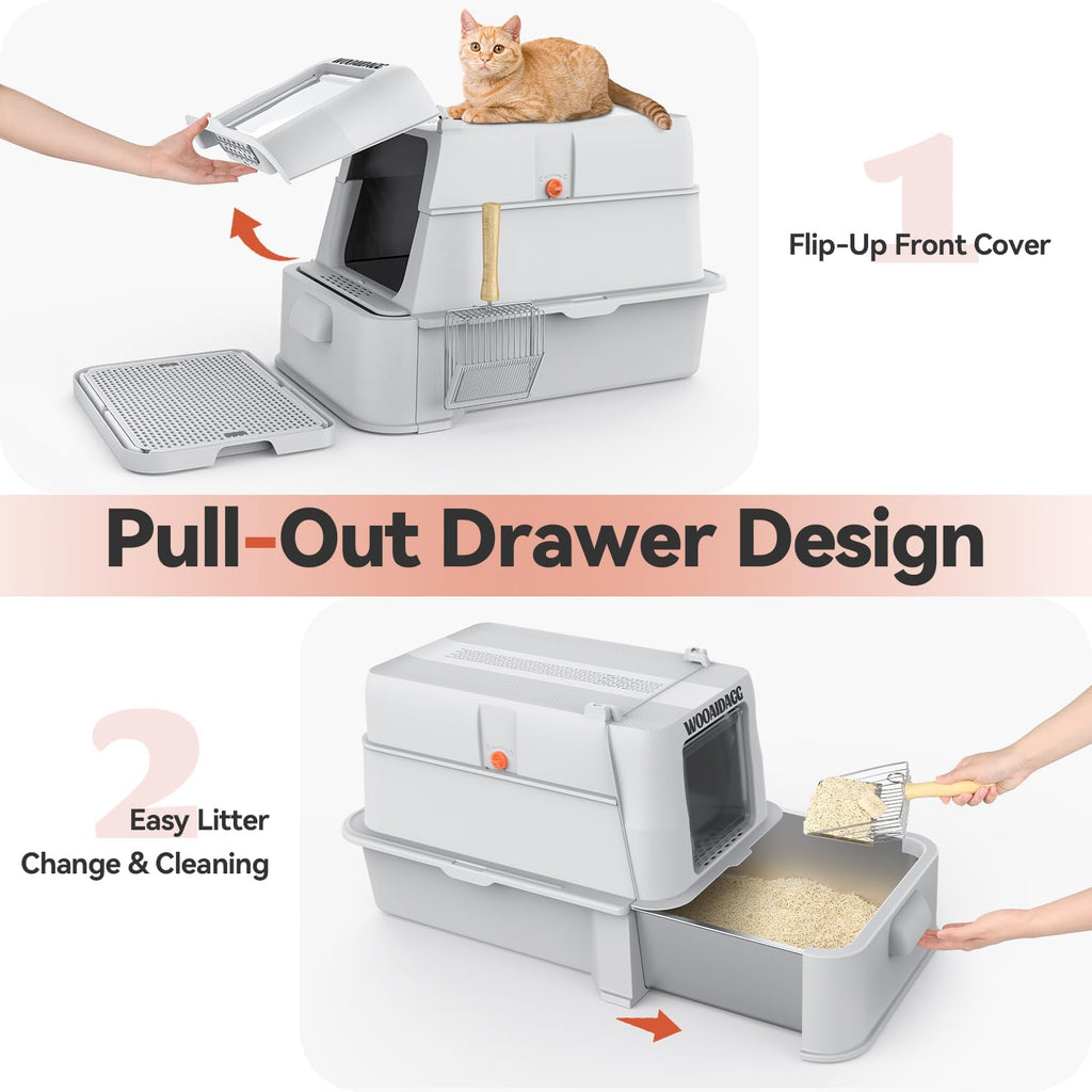 Enclosed Stainless Steel Cat Litter Box with Drawer and Flip Door, Extra Large Light Grey Y5697