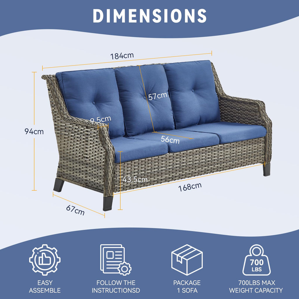 Grey Wicker 3pcs Patio Furniture Set with Blue Cushions E82680
