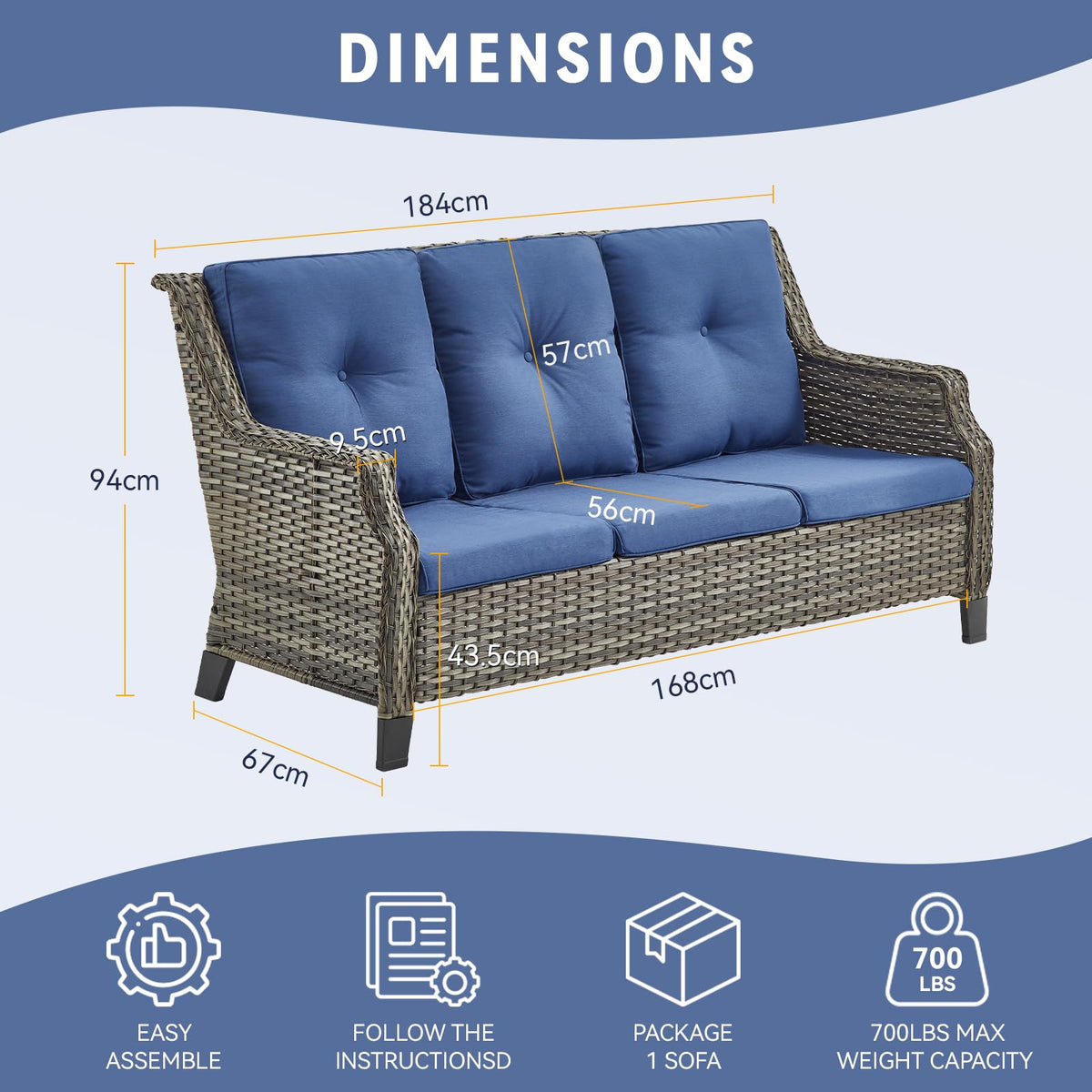 Grey Wicker 3pcs Patio Furniture Set with Blue Cushions E82680