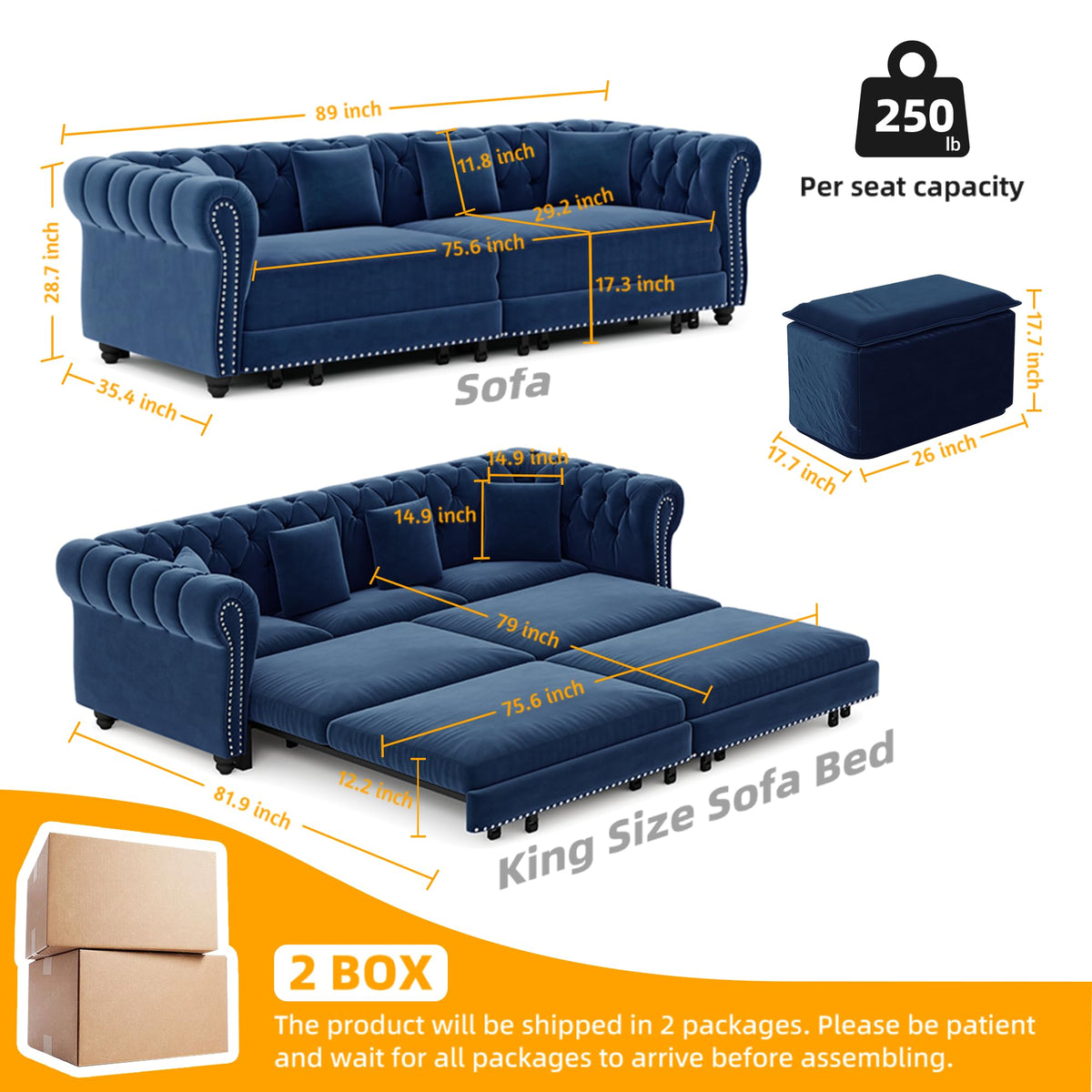 Blue Velvet King Size Sleeper Sofa J776751