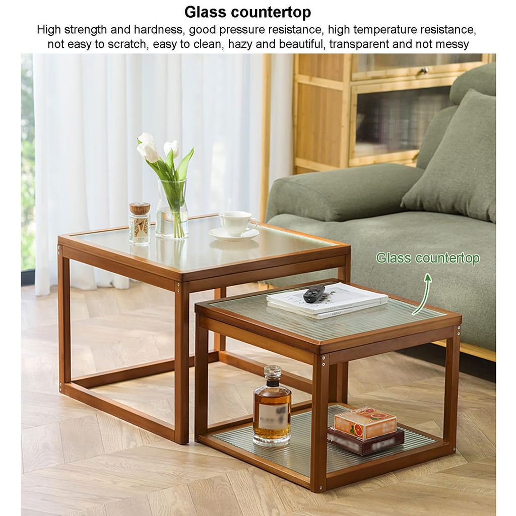 Square Glass Nesting Coffee Tables Set of 2 with Bamboo Frame O8515