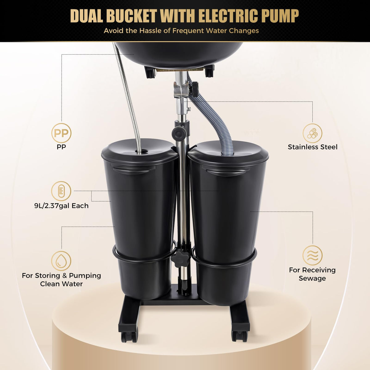 Portable Shampoo Bowl with Electric Pump, Adjustable Height, 2 Buckets, Black H751