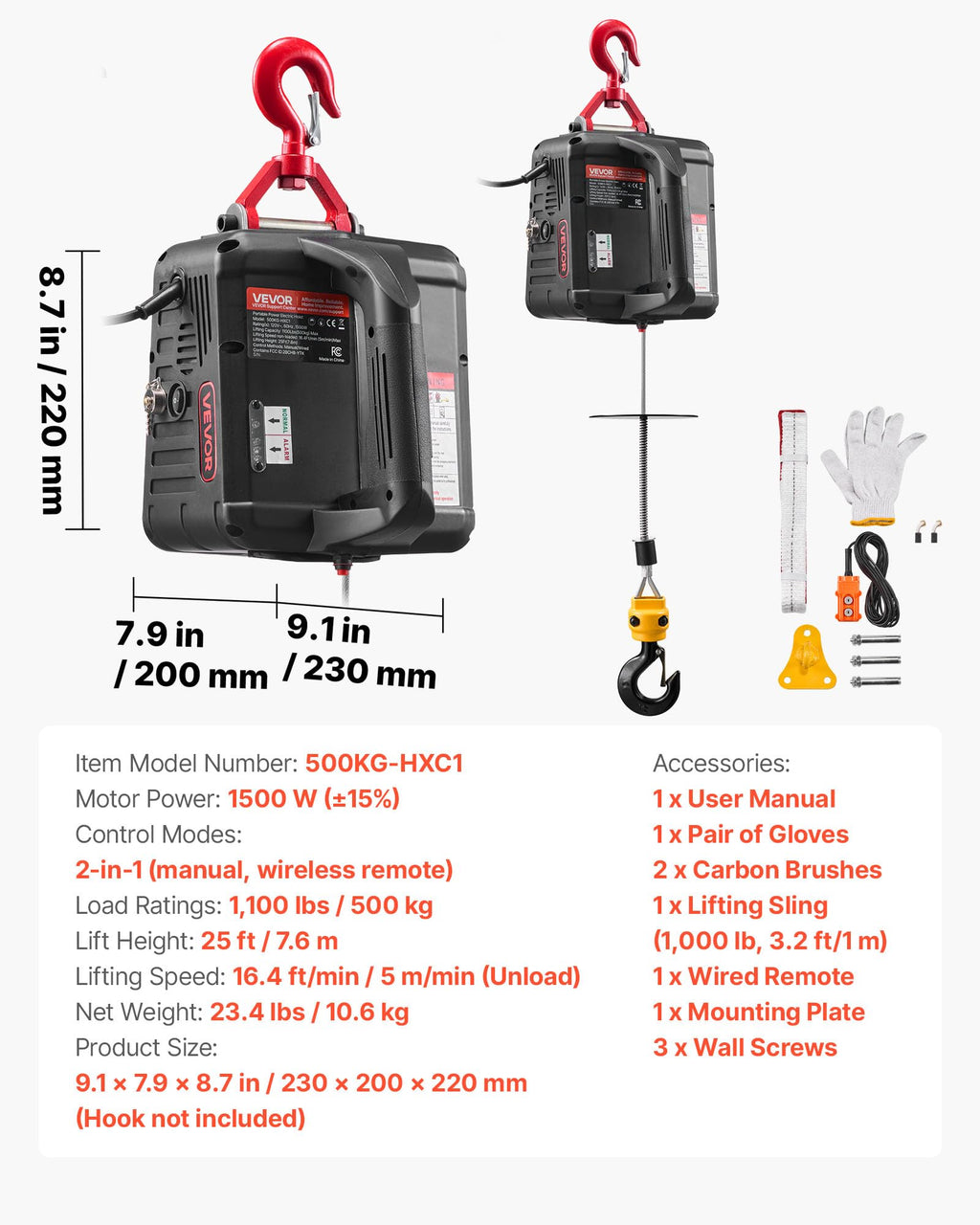 1100 lbs 1500W Electric Hoist Winch with Wired Remote Control N718