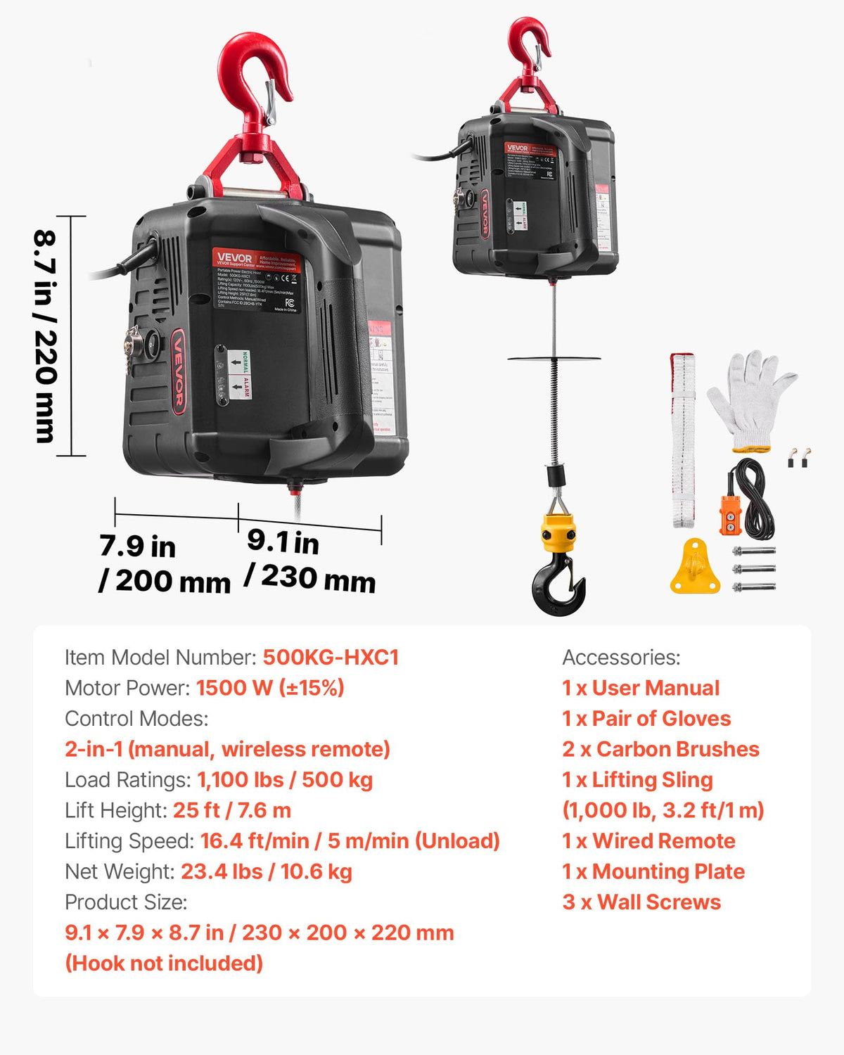1100 lbs 1500W Electric Hoist Winch with Wired Remote Control N718