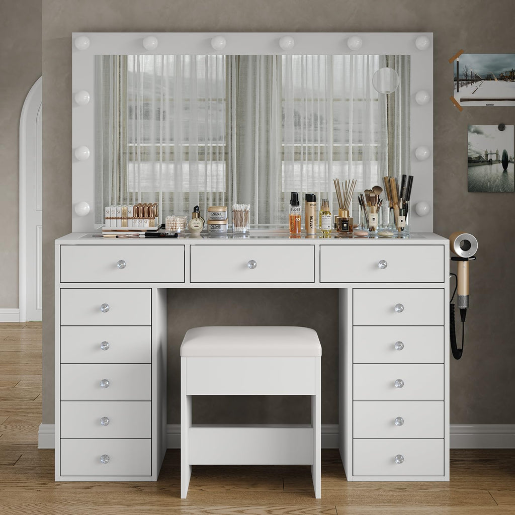 47" White Makeup Vanity with 13 Drawers and HD Mirror D621250