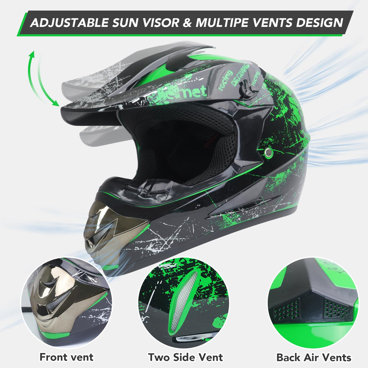 Youth Kids Full Face Dirt Bike Helmet 4Pcs Set DOT Approved Green XL X98842