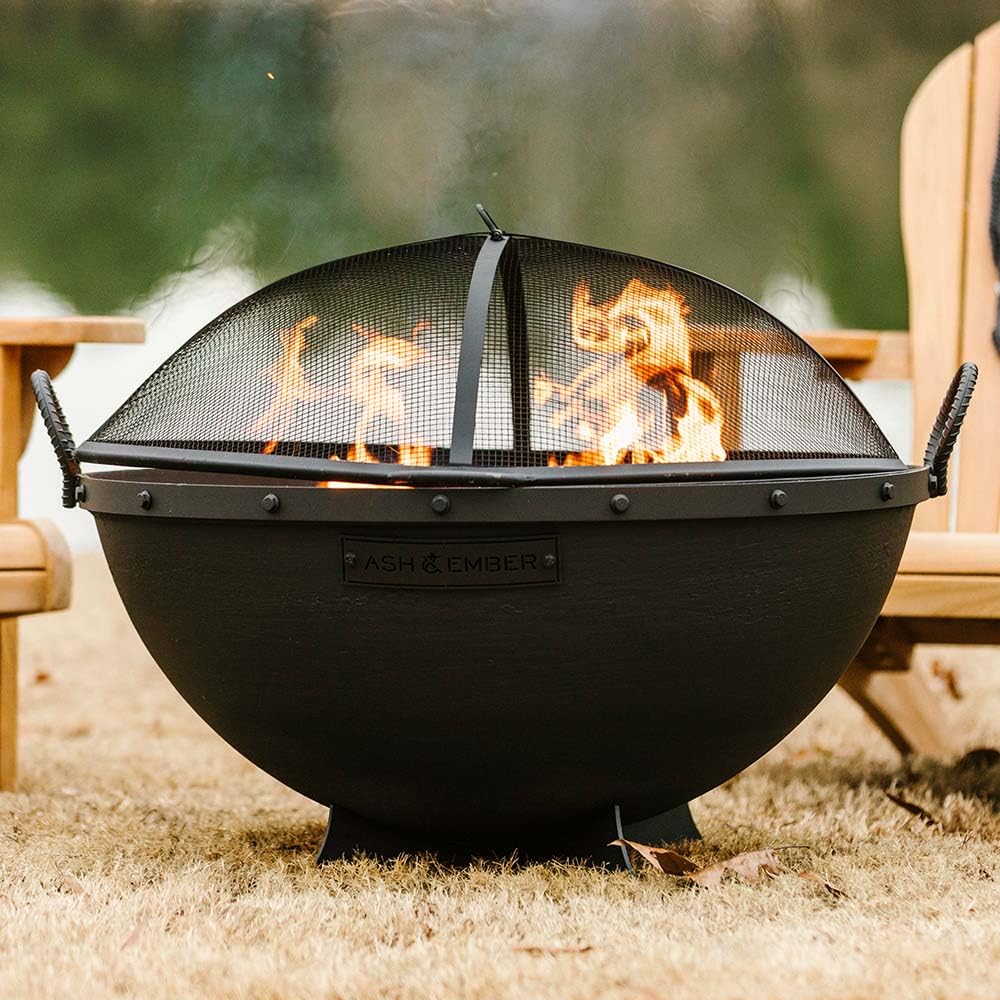32in Cast Iron Wood Burning Fire Pit with Screen and Poker H59643