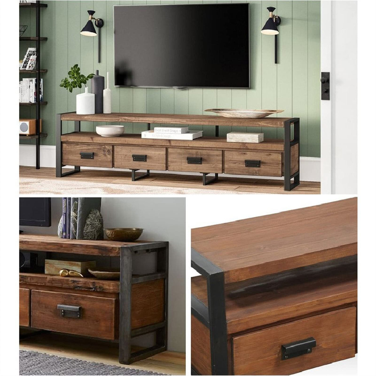 Vintage Pine TV Stand Cabinet with 4 Drawers X2227
