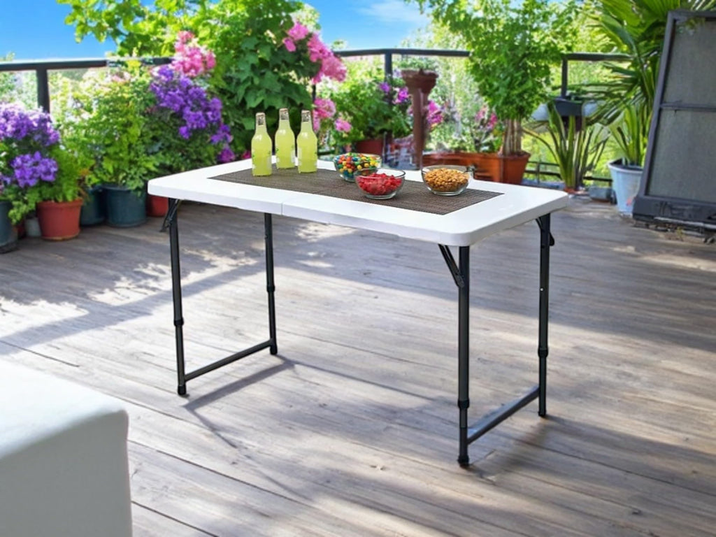 4 Foot Adjustable Height Folding Half Table White Plastic Top Steel Frame H591