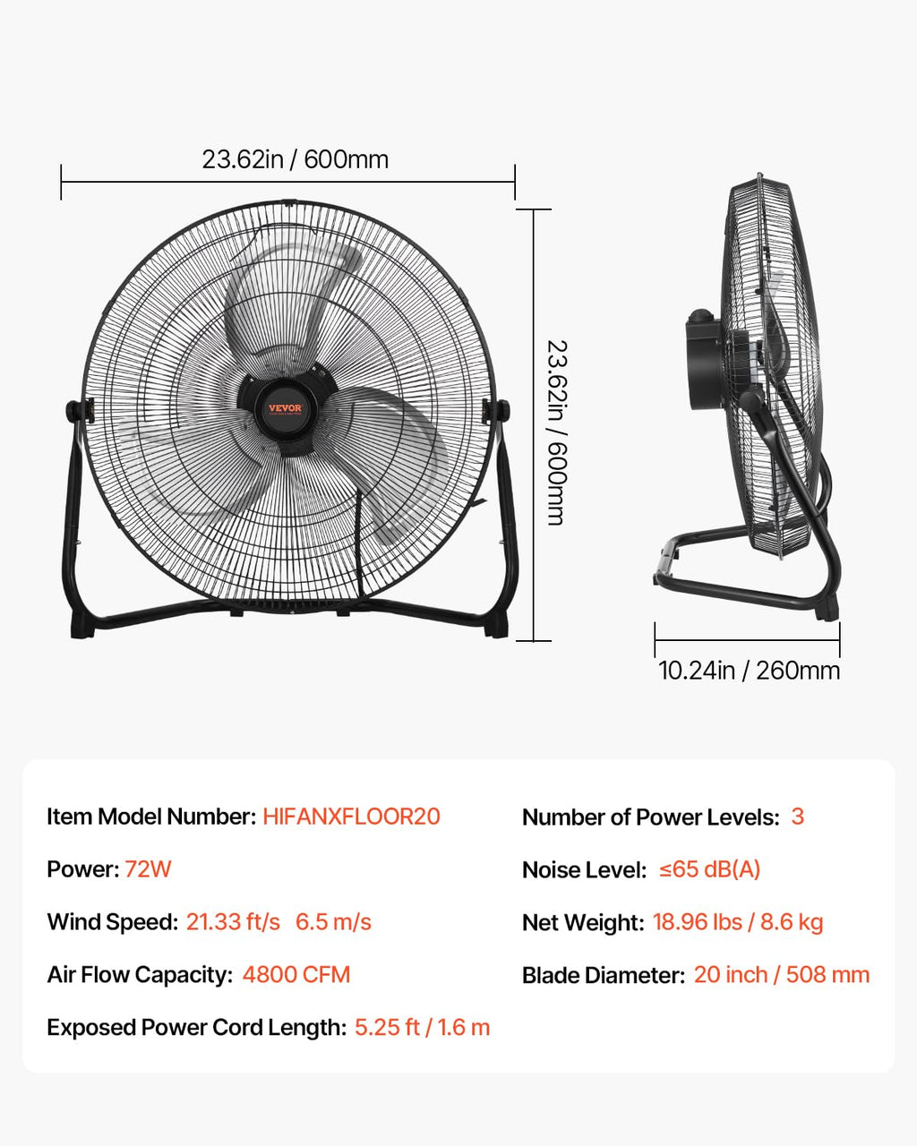20 Inch 3 Speeds High Velocity Industrial Floor Fan N964486