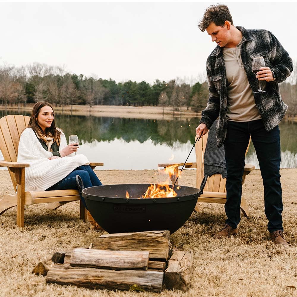 32in Cast Iron Wood Burning Fire Pit with Screen and Poker H59643