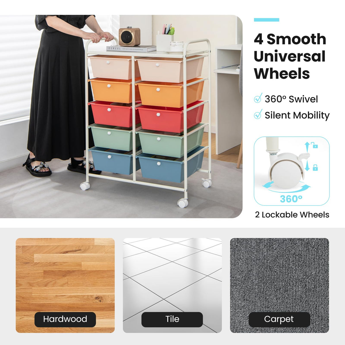 10 Drawer Rolling Storage Cart with Metal Frame M3282