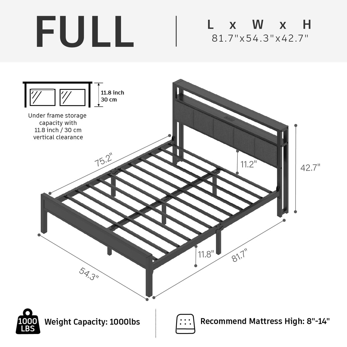 Light Grey Full Size Bed Frame with LED Lights and Charging Station Y14913