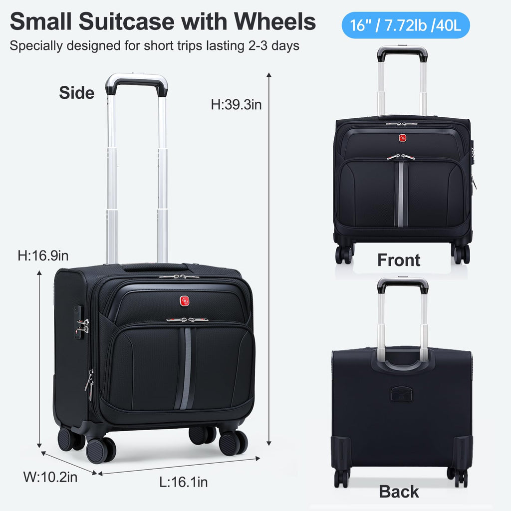 Black 16-Inch Underseat Carry-On Luggage with 4 Spinner Wheels D715
