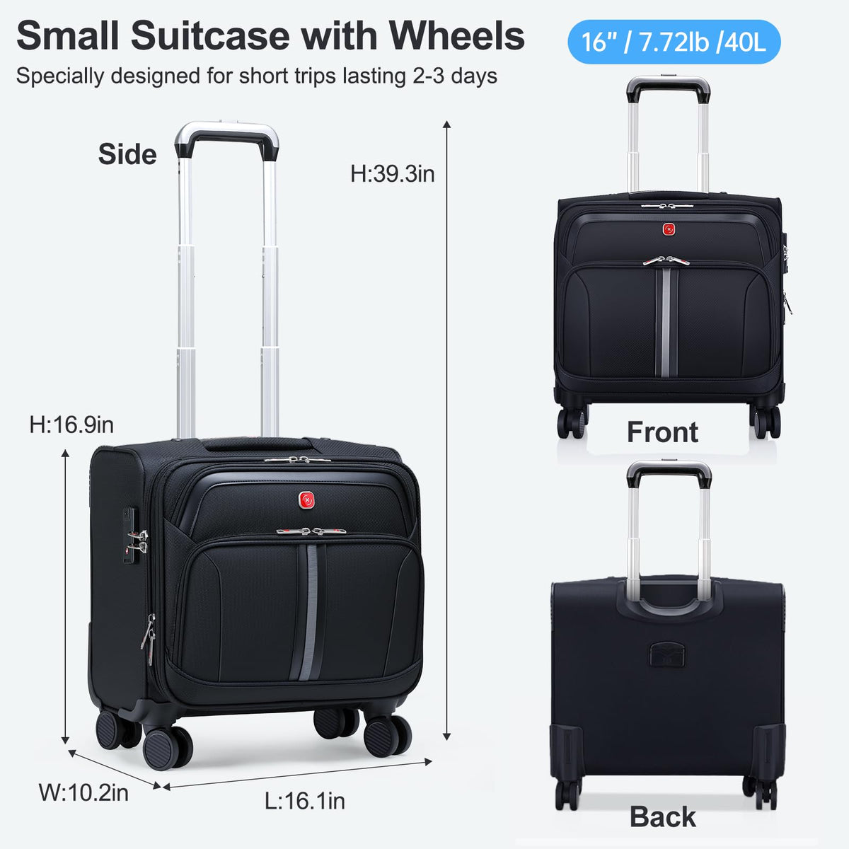 Black 16-Inch Underseat Carry-On Luggage with 4 Spinner Wheels D715