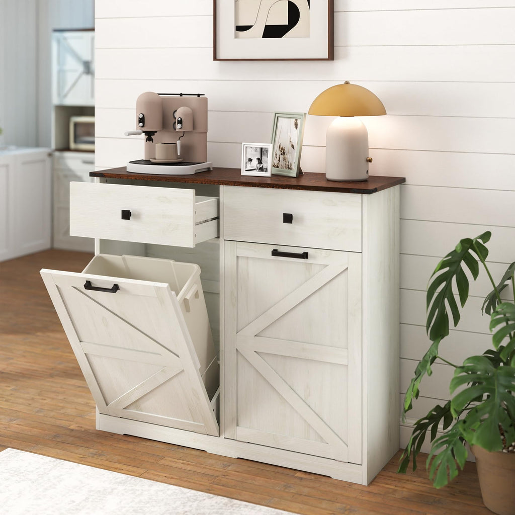 Double Tilt Out Trash Cabinet with Storage Drawers, Antique White O413303