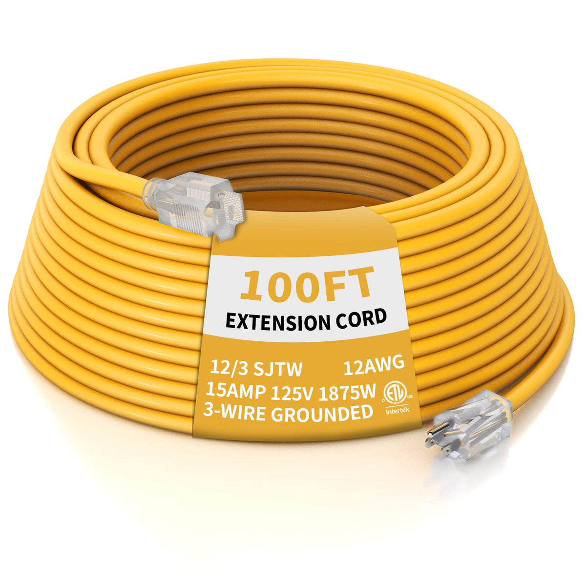 12 Gauge 100 Ft Heavy Duty Outdoor Extension Cord Waterproof Lighted End SJTW 3 Prong Grounded Plug 15A 1875W Yellow D93477