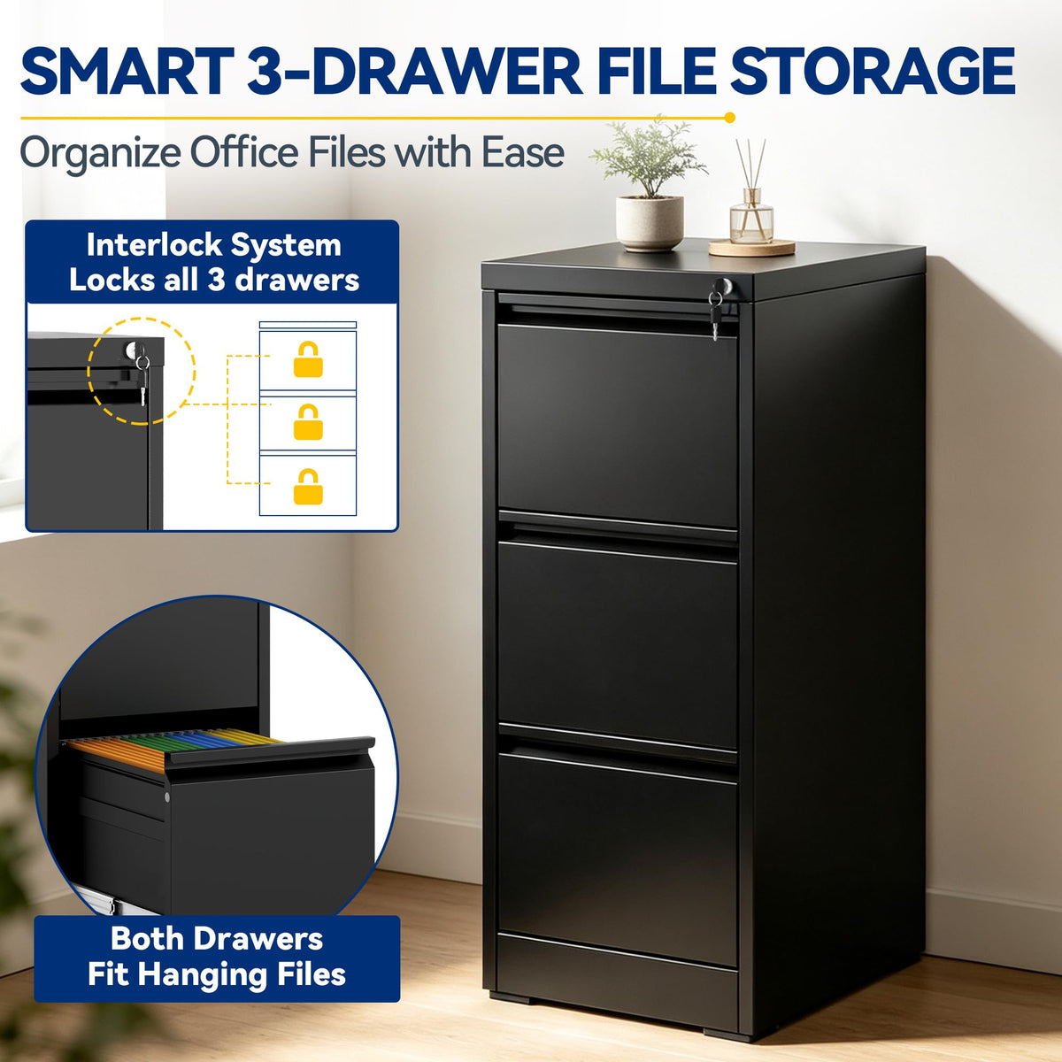 3 Drawer Black Metal File Cabinet with Lock S929458