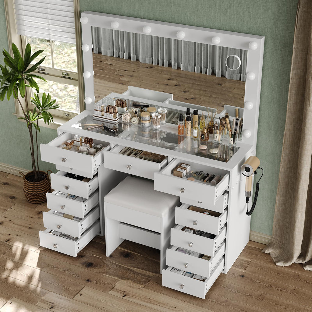 47" White Makeup Vanity with 13 Drawers and HD Mirror D621250