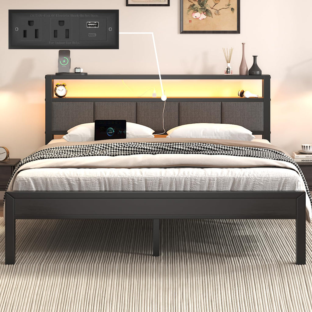 Light Grey Full Size Bed Frame with LED Lights and Charging Station Y14913