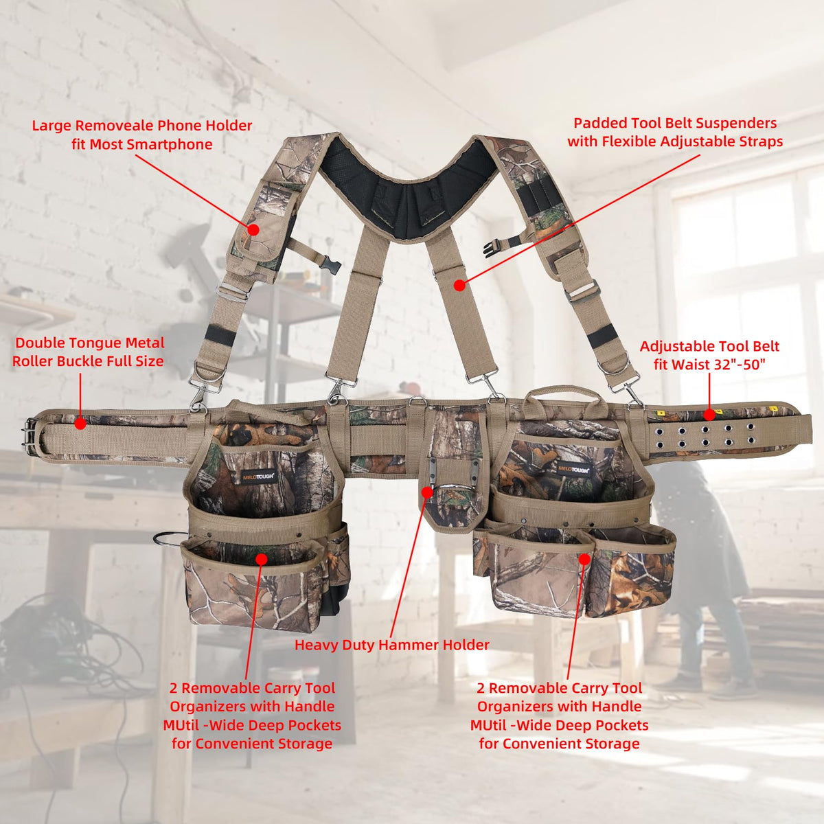 Camo Tool Belt with Suspenders Heavy Duty Carpenter Rig K2964