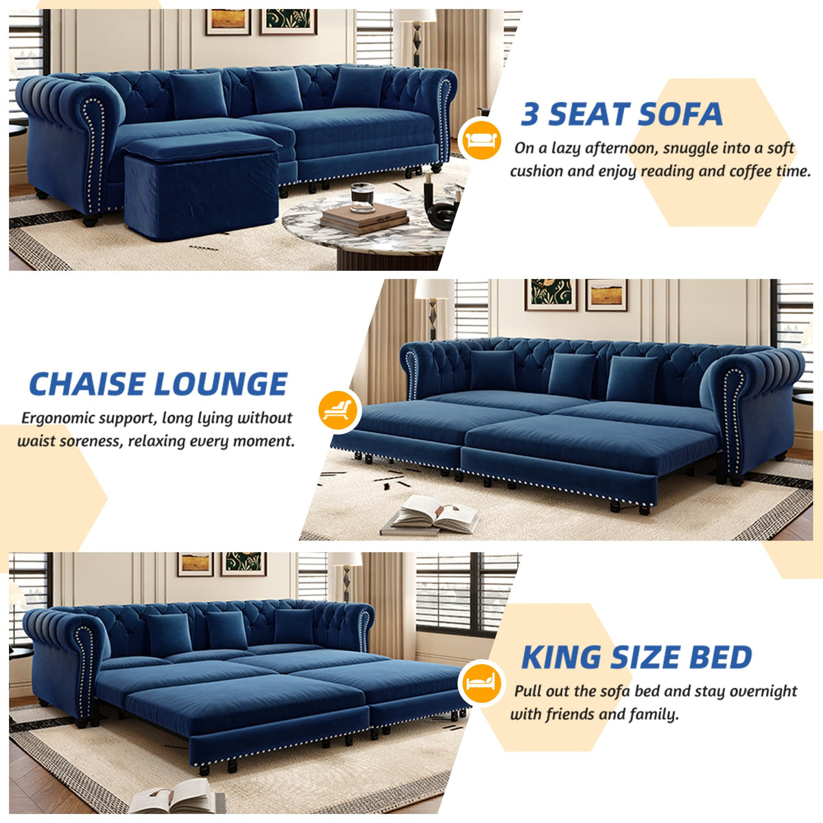 Blue Velvet King Size Sleeper Sofa J776751
