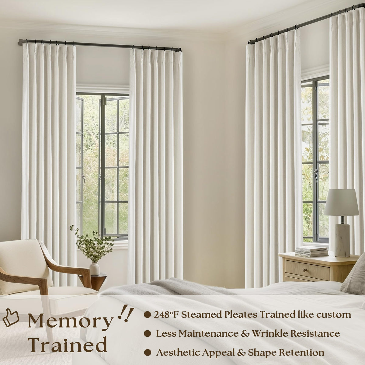 90 Inch Pinch Pleated Linen 100% Blackout Curtains 2 Panels F179019