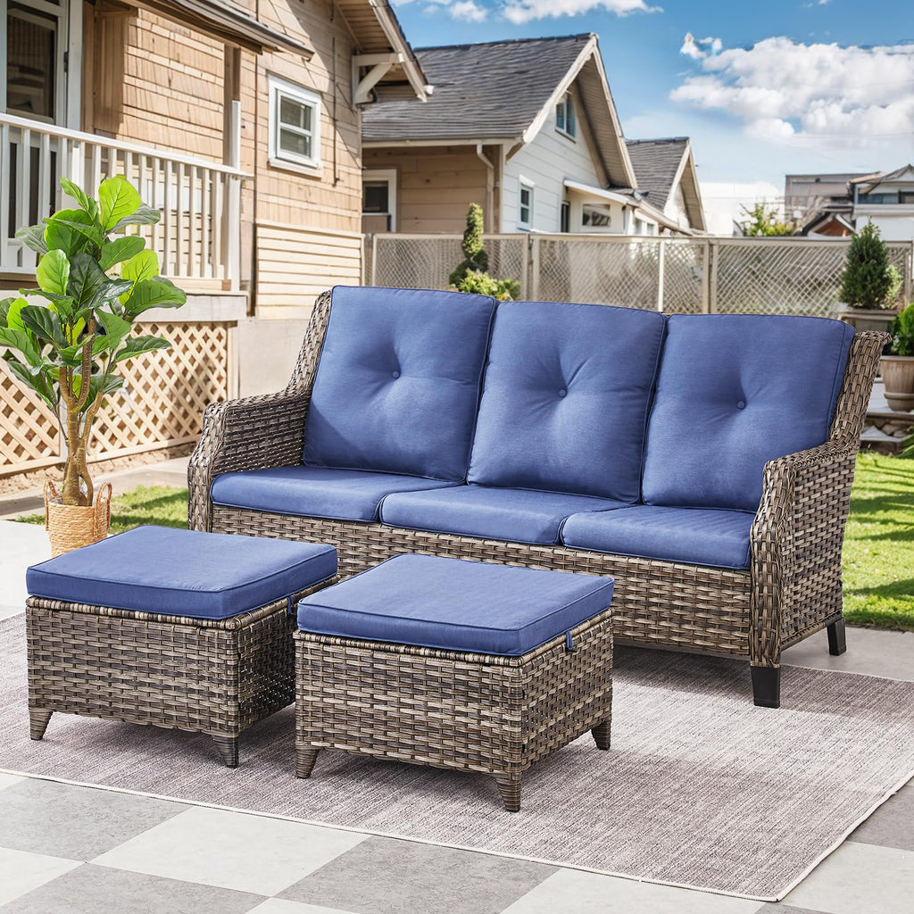 Grey Wicker 3pcs Patio Furniture Set with Blue Cushions E82680