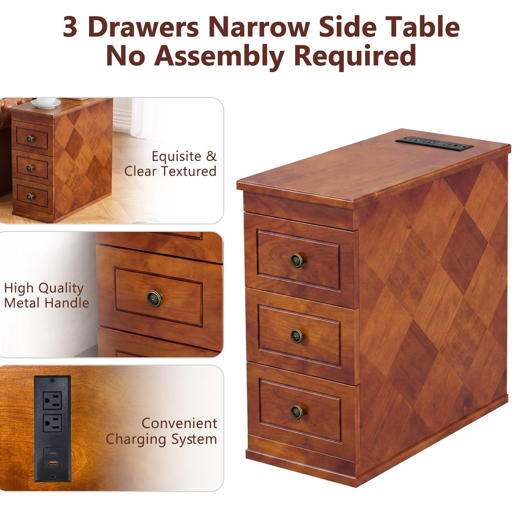 Solid Wood Narrow End Table with Charging Station Set of 2 E849227