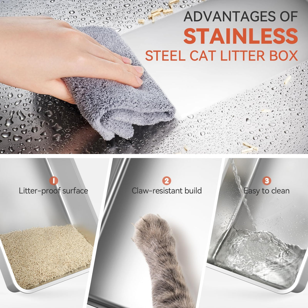 Enclosed Stainless Steel Cat Litter Box with Drawer and Flip Door, Extra Large Light Grey Y5697