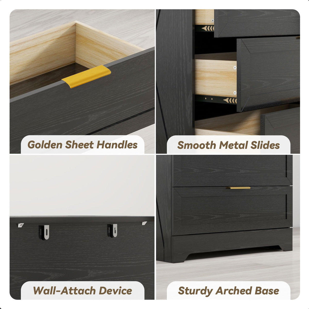 Modern Wide Wooden Chest of Drawers, Black G582