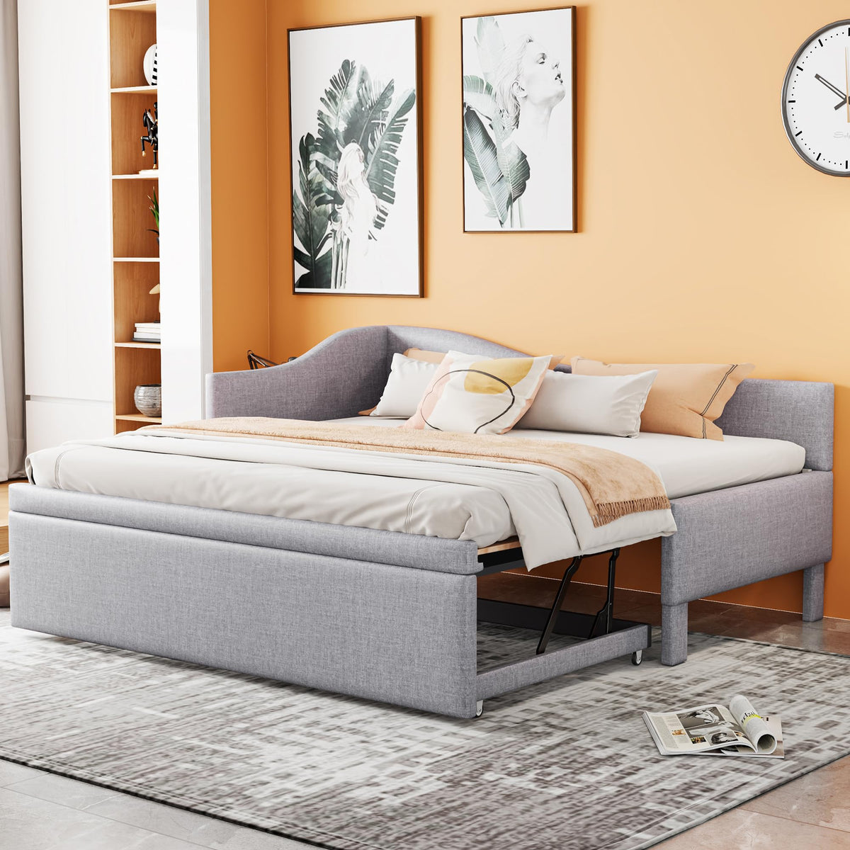 Twin Size Linen Upholstered Daybed with Pop up Trundle U552