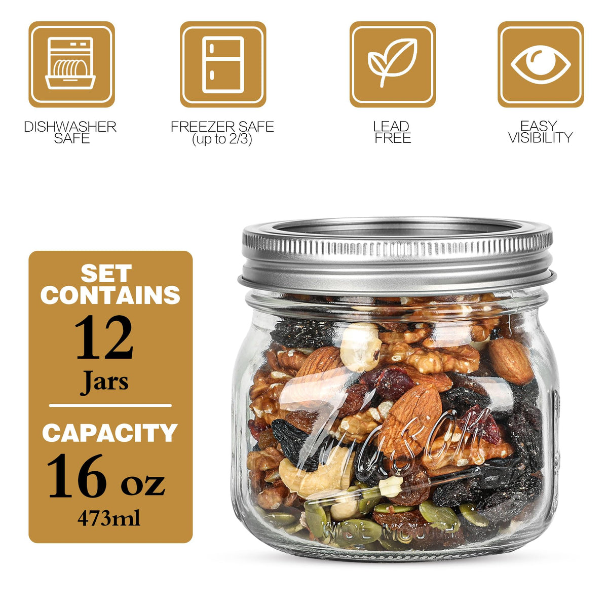 Wide Mouth Mason Jars 16oz with Airtight Lids and Bands R959