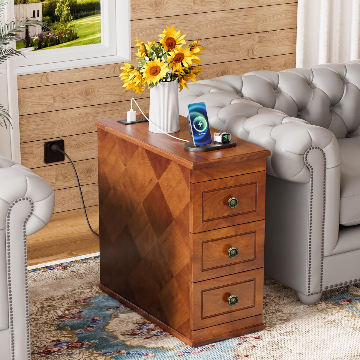 Solid Wood Narrow End Table with Charging Station Set of 2 E849227