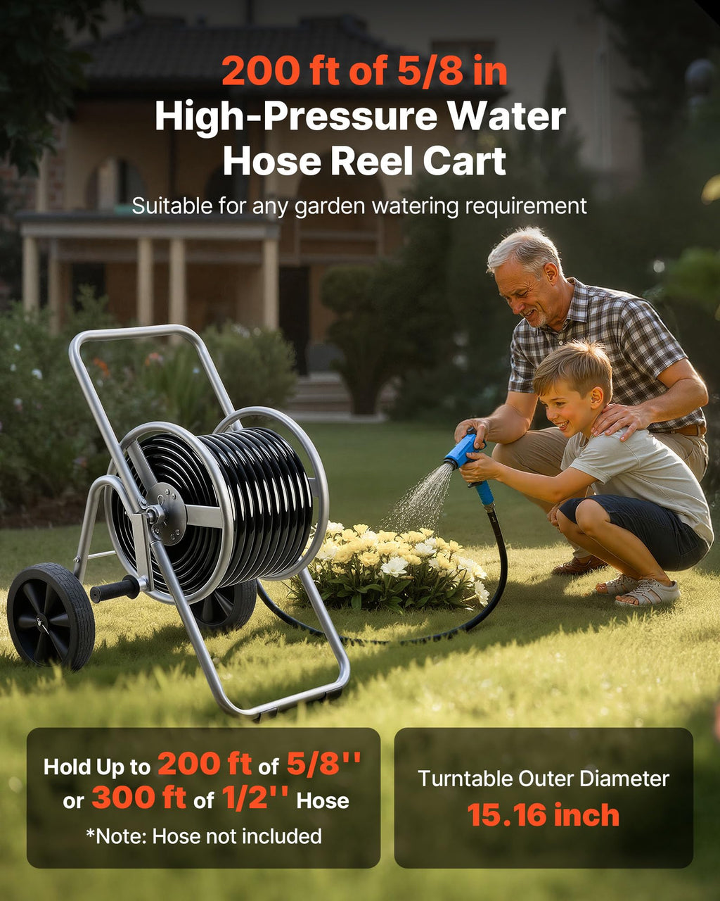 200/300 ft Garden Hose Reel Cart with Two Wheels K45694