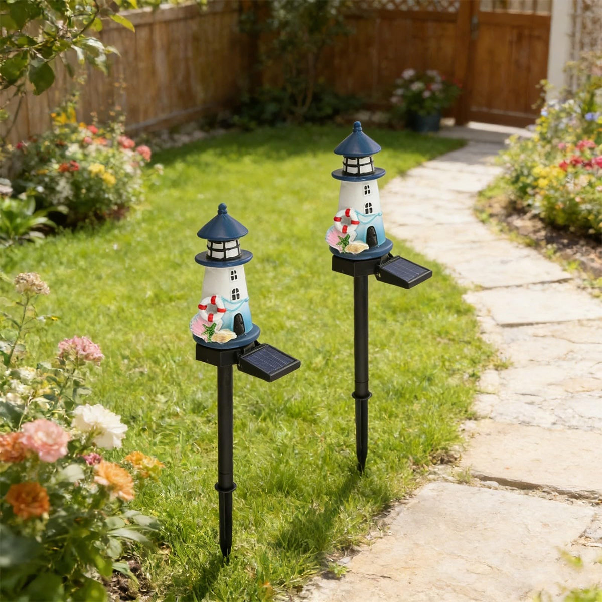 Solar Lighthouse Garden Lights, 2-Pack Resin Solar Powered T642