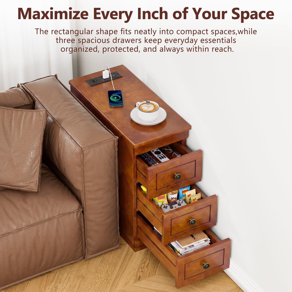 Solid Wood Narrow End Table with Charging Station Set of 2 E849227