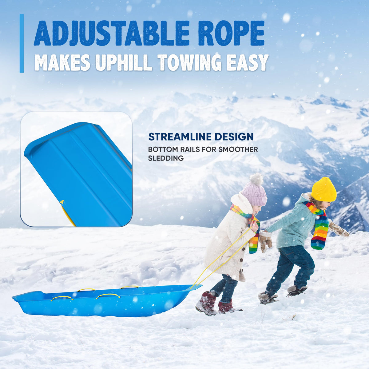 47.5" High-Density Plastic Toboggan Sled with Handles and Pull Rope O666