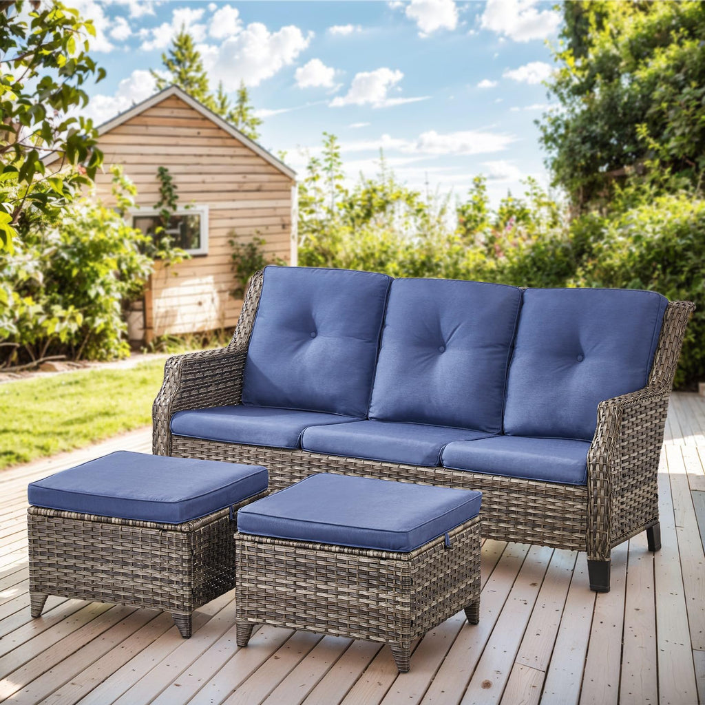 Grey Wicker 3pcs Patio Furniture Set with Blue Cushions E82680