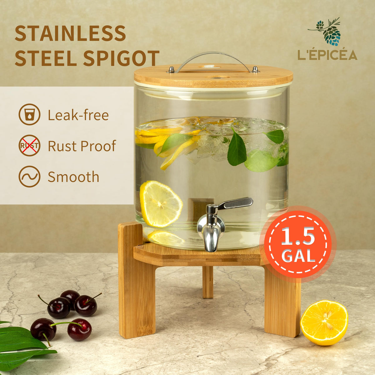Glass Drink Dispenser with Stand, 1/2 Gallon Stainless Spigot W783