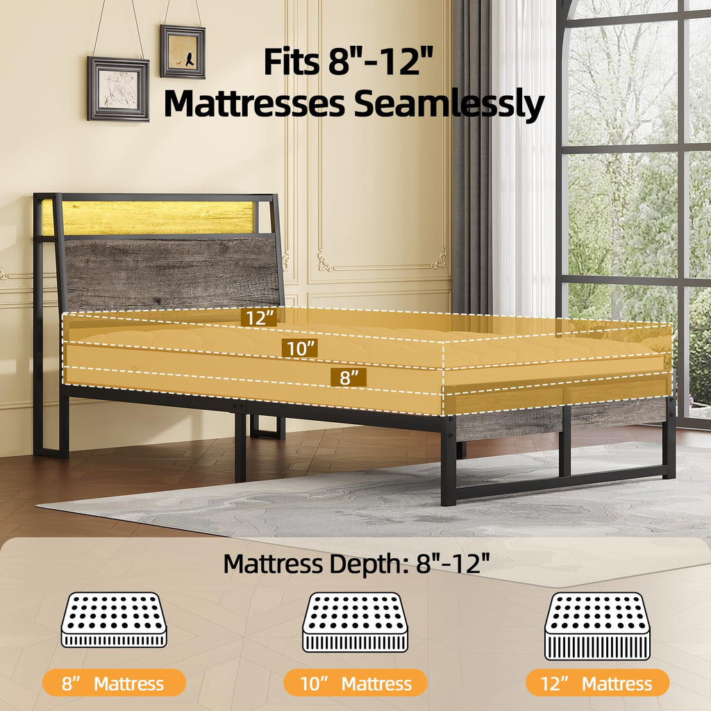 Grey Twin Metal Platform Bed Frame with Storage Headboard P547791
