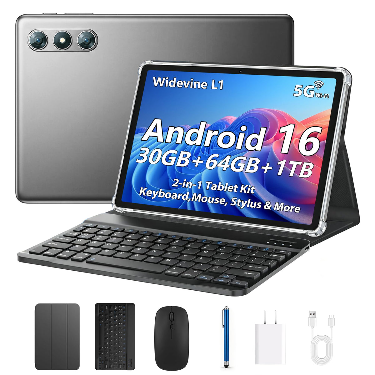 10.1" Android 16 Tablet with Keyboard, 30GB RAM 64GB ROM, Gray T810