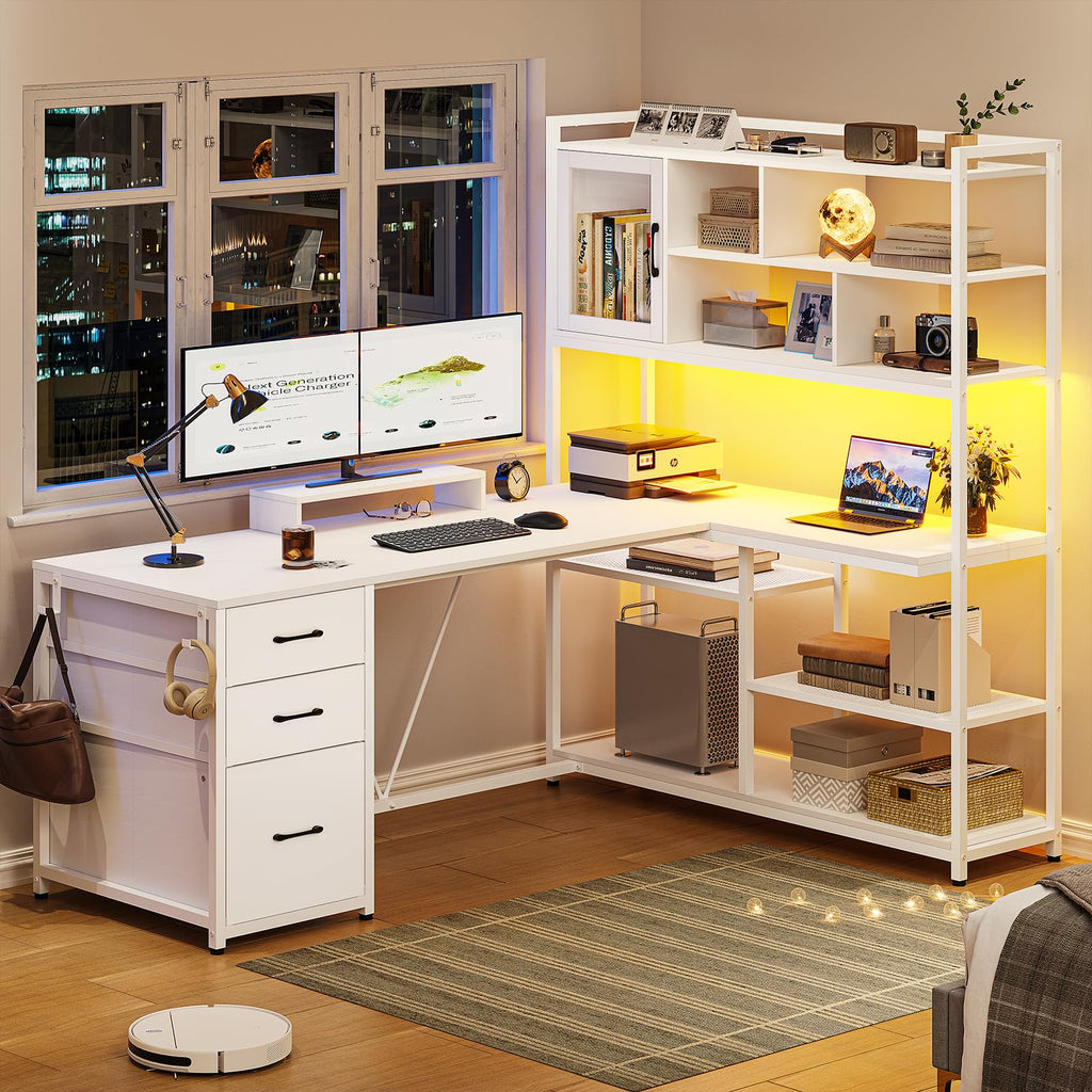 58'' L Shaped Computer Desk with 3 Drawers and Bookshelf A15907