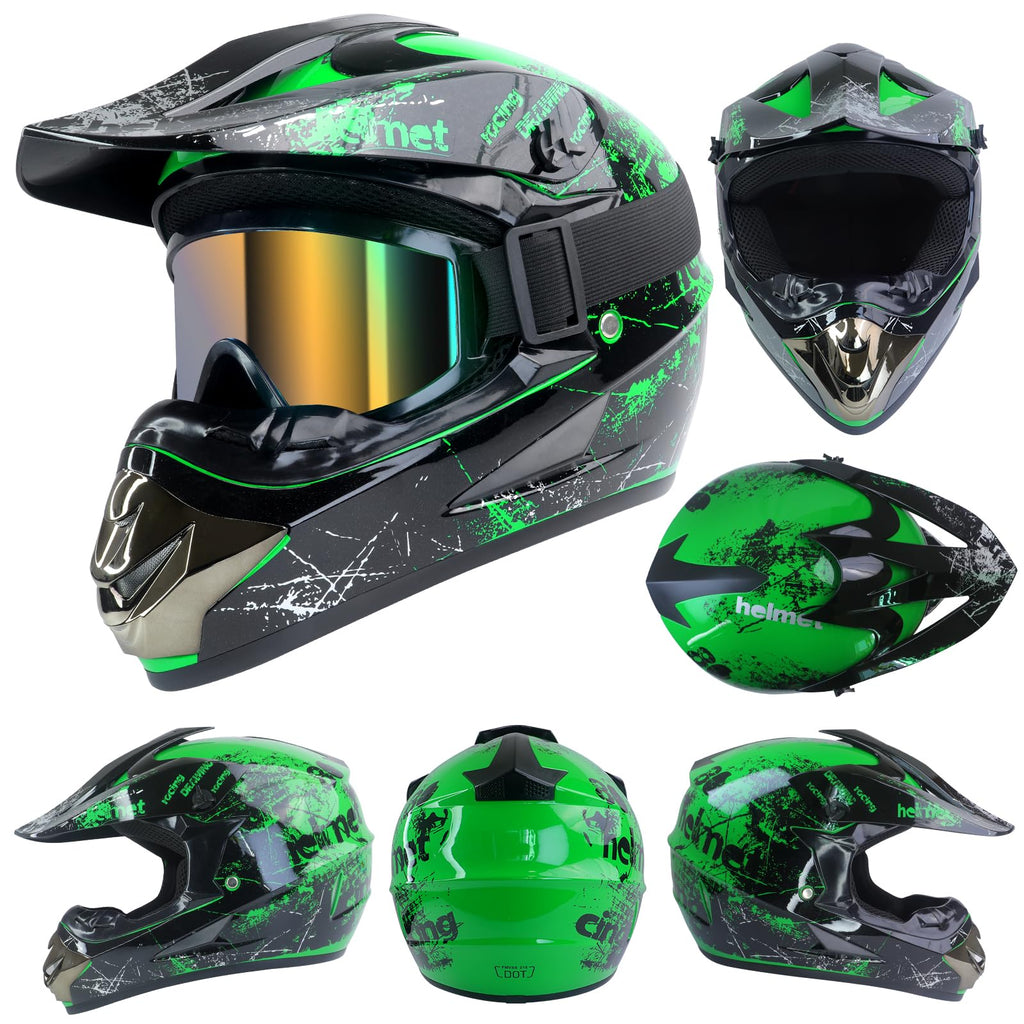 Youth Kids Full Face Dirt Bike Helmet 4Pcs Set DOT Approved Green XL X98842