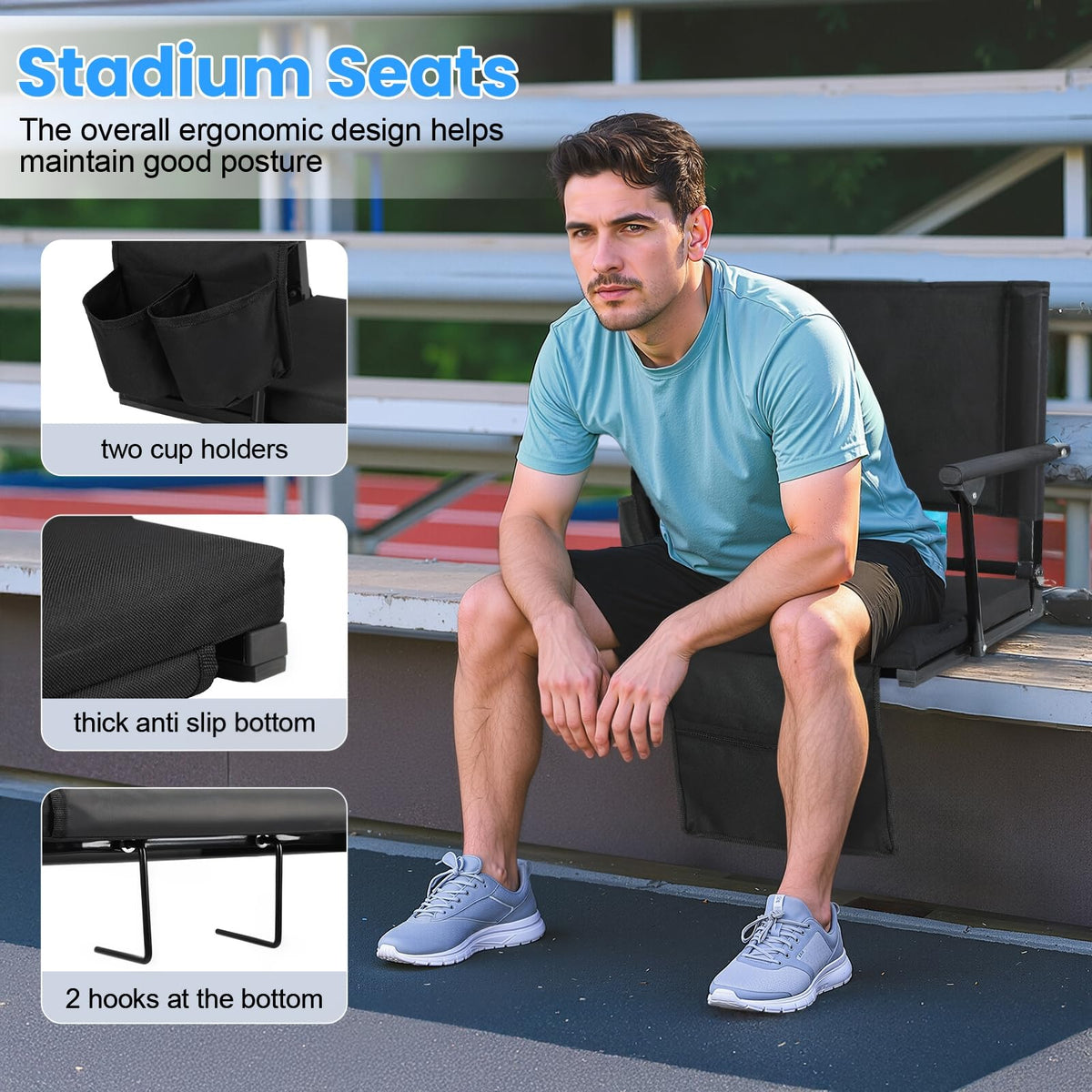 2 Pcs Folding Stadium Seat with Back Support and Cushion B8747