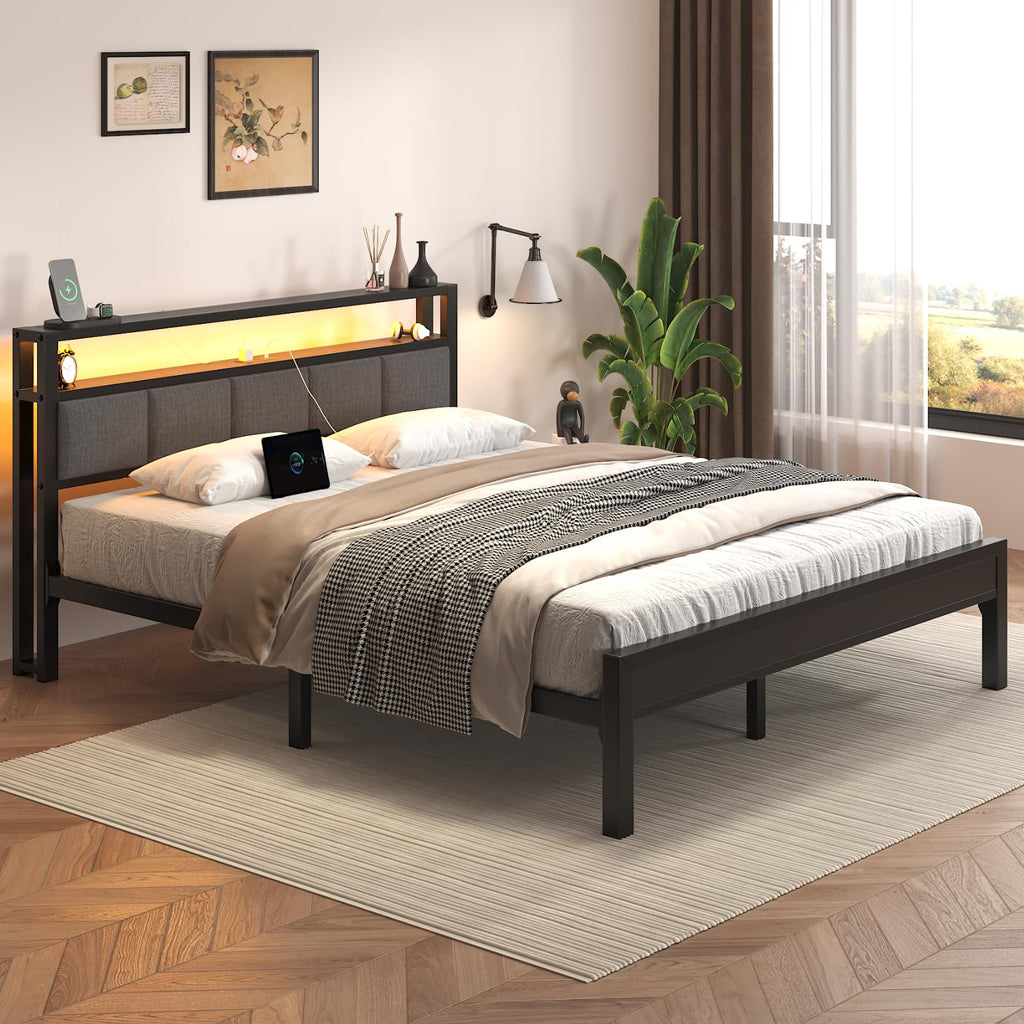 Light Grey Full Size Bed Frame with LED Lights and Charging Station Y14913
