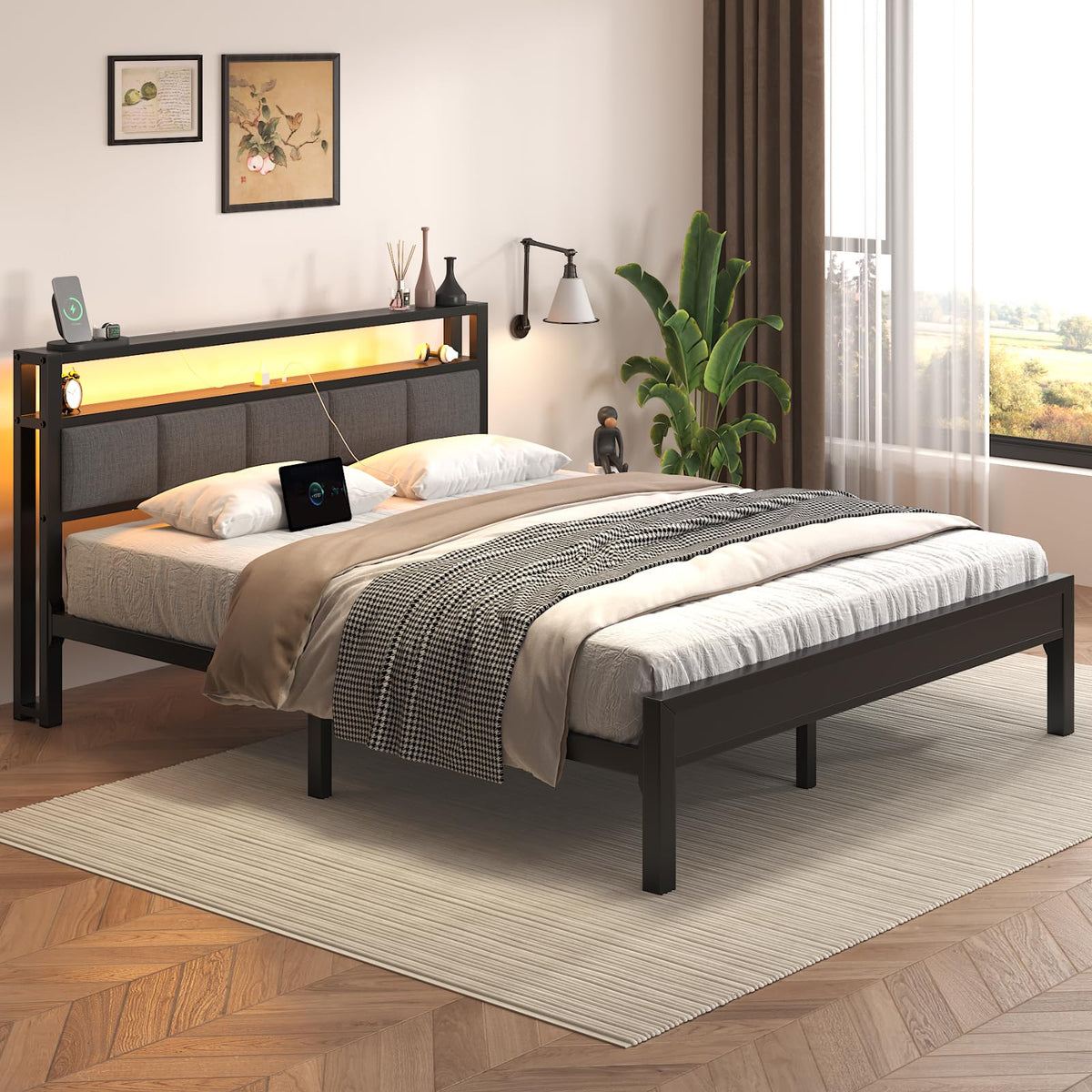 Light Grey Full Size Bed Frame with LED Lights and Charging Station Y14913