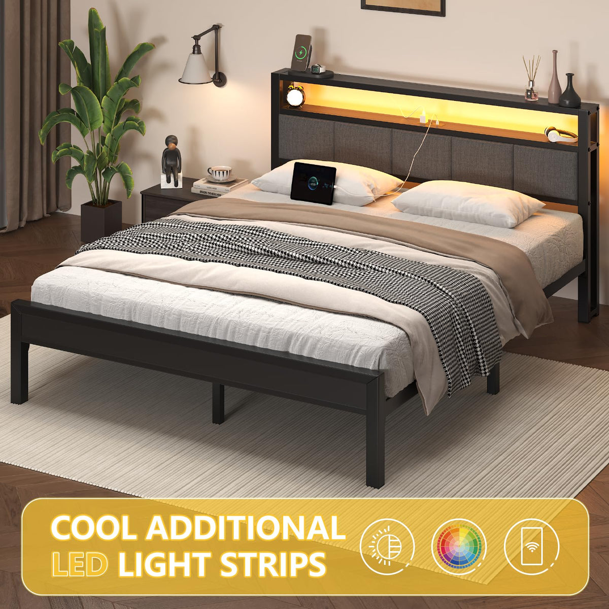 Light Grey Full Size Bed Frame with LED Lights and Charging Station Y14913