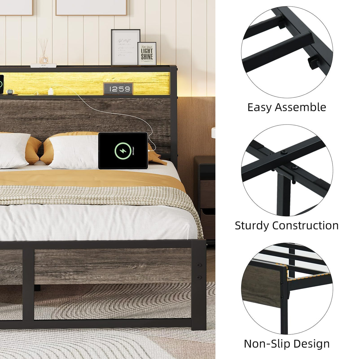 Grey Twin Metal Platform Bed Frame with Storage Headboard P547791