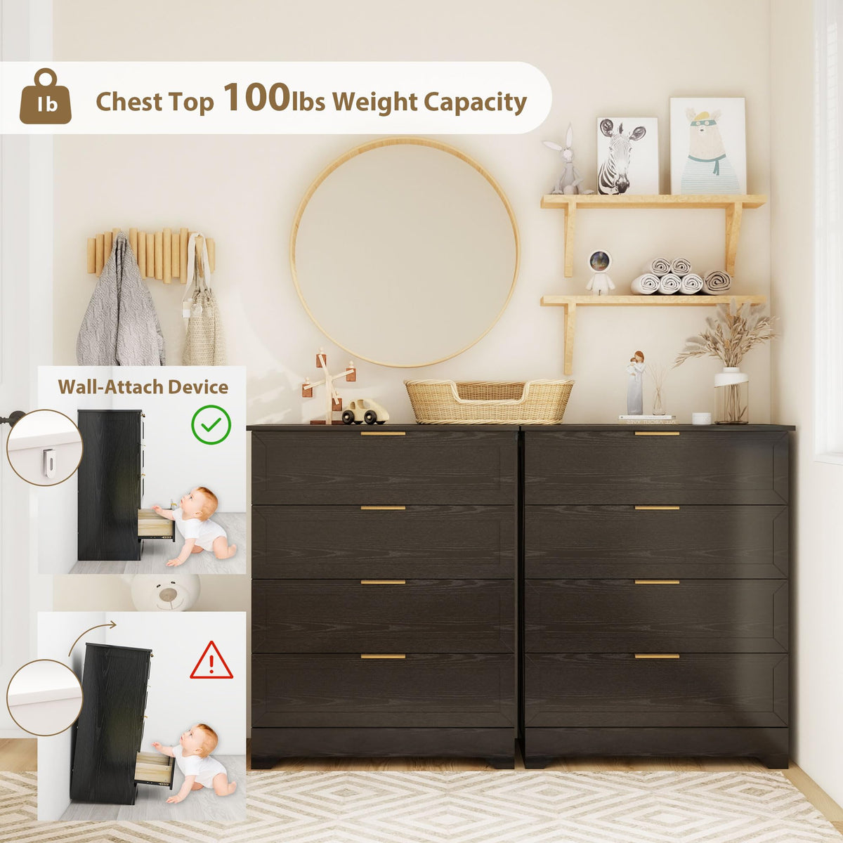 Modern Wide Wooden Chest of Drawers, Black G582